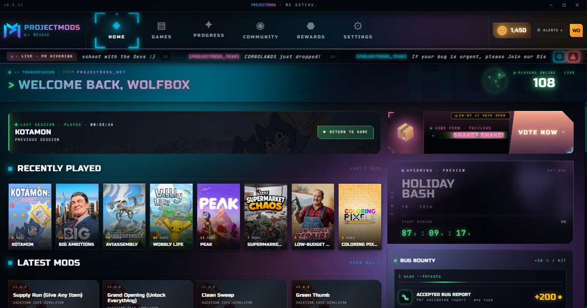 ProjectMods desktop app home screen